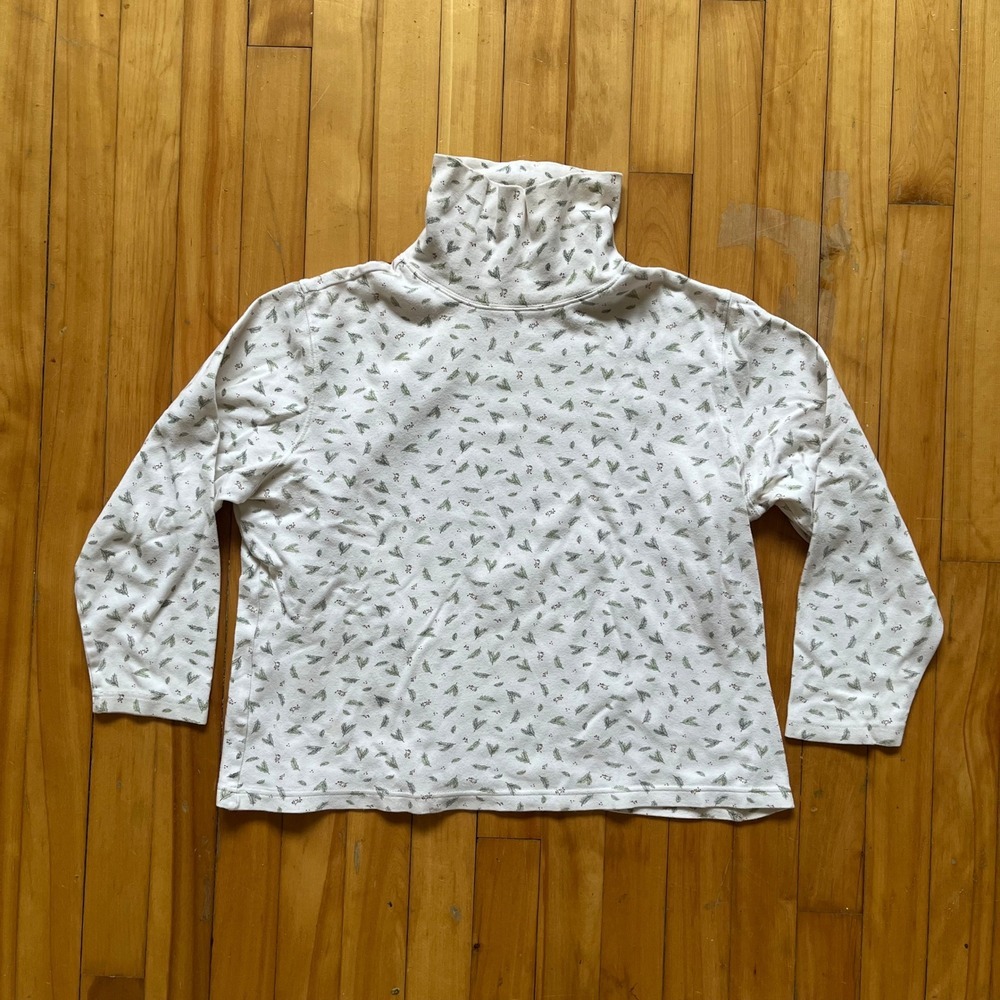 Pinmans Womens XL Long Sleeve Turtleneck White Green Pine Tree Berry Print Top